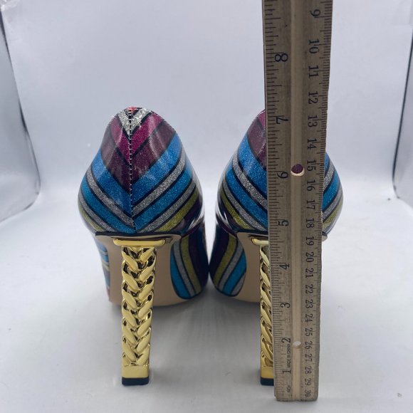 FSJ Multicolor Glitter Gold Metal Chain Chunky High Heel Pointed Toe Pumps - Picture 8 of 11